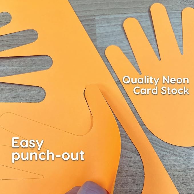 48 Piece Handprint Neon Cutouts with IDEA Guide, US Made 2-Sided Brightly Colored Card Stock Punch Out Handprint Paper Accents for Bulletin Boards, Classroom Decor, Back to School & DIY Crafting