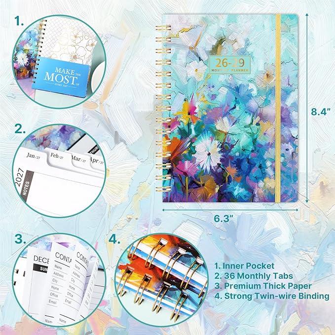 2026-2029 Monthly Planner/Calendar - 3 Year Monthly Planner 2026-2029, July 2026 - June 2029, 6.3" x 8.4", 36 Monthly Planner with Tabs, 29 Notes Pages, Hardcover, Inner Pocket - Oil Painting