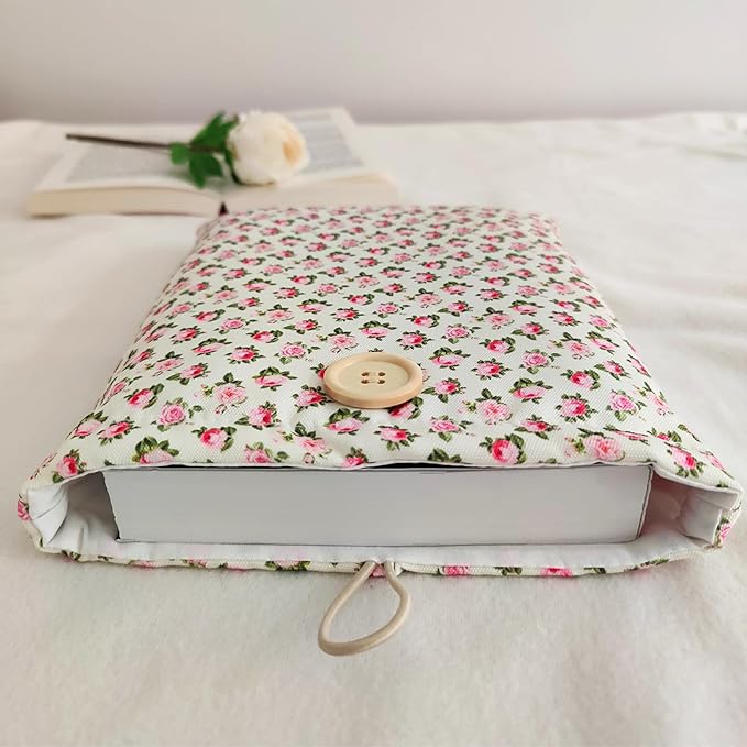 Floral Book Sleeve - Elegant Book Cover with Wooden Button, Cotton Padded Protector for Paperbacks & Hardcovers, Ideal for Book Lovers, Durable Design (White & Roses, Large)