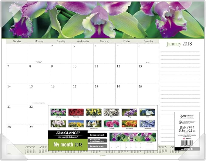 AT-A-GLANCE Monthly Desk Pad Calendar, January 2018 - December 2018, 22" x 17", Panoramic, Floral (89805)