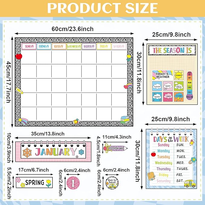 Classroom Calendar Bulletin Board Set for Back to School Bulletin Board Decoration Pencil Apple Seasons Weather Chart Composition Notebook Paper Cutouts for Teachers Elementary School Classroom