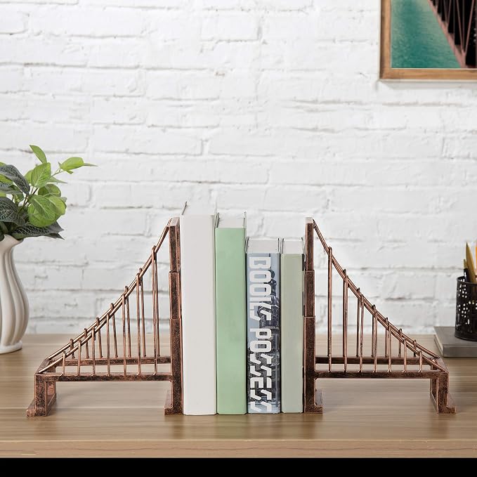 MyGift Decorative Bookends for Heavy Books, Vintage Bronze Metal Suspension Bridge Design Book End Shelf Decor, Architect Book Stopper Holder Stand, Home Office Decor, 1-Pair