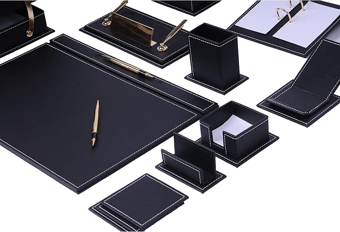Desk Organizers - Desk Accessories - Leather Desk Organizer - Bonded Leather Desk Set - Home Office Accessories - Desk Supplies - Leather Desk Set - Office Accessories - 14 PCS (Black)