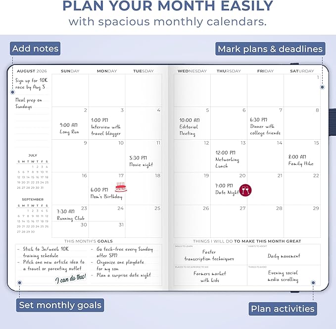 Clever Fox Dated Hourly Weekly Planner 2026 – Daily, Monthly & Yearly Agenda Organizer with Time Slots – Hardcover Journal, A5 Size (Dark Blue)