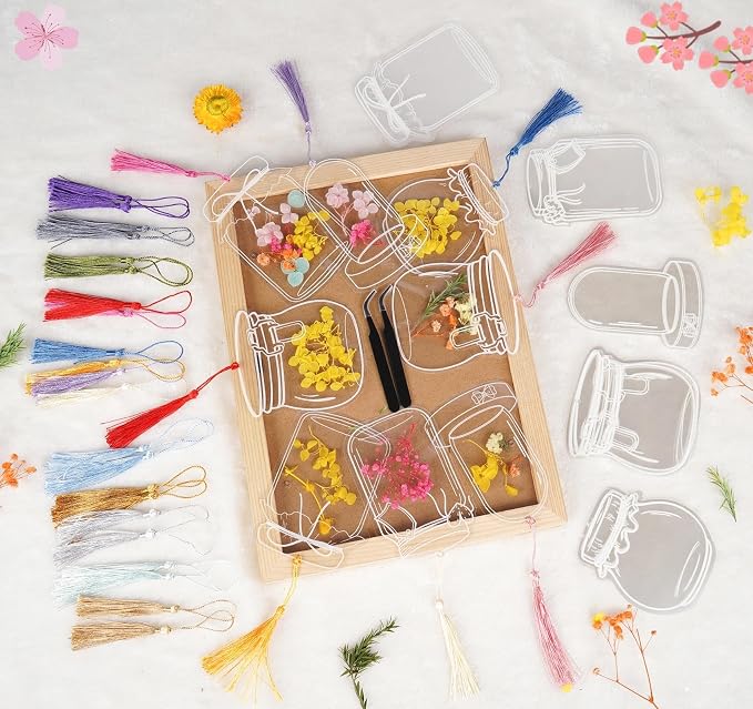 50 Pcs Bookmark Making Kit Transparent, Book Marks Set DIY Dried Flower, Include Clear Bookmarks, Colorful Tassels, Tweezer and Open Tags, Handmade Large Size Bookmark Page for Women