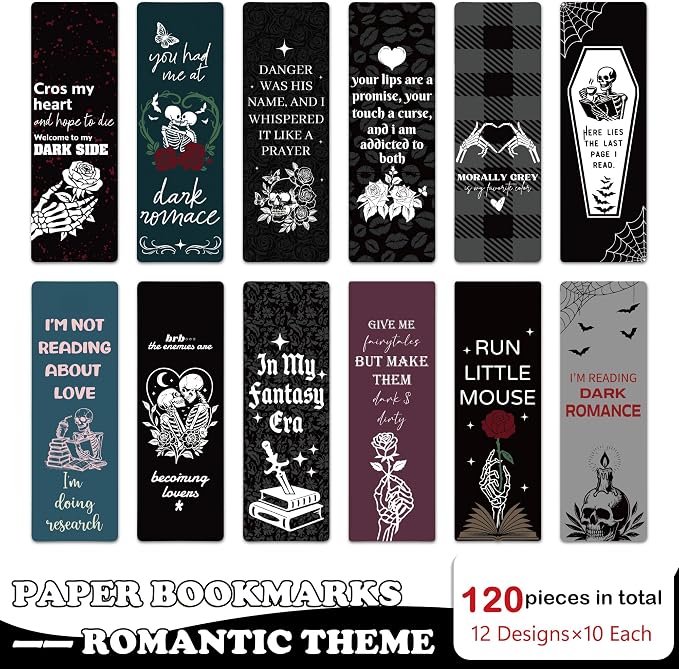 120 Pcs Dark Romance Bookmarks, Gothic Skeleton Paper Bookmarks Bulk for Women, Flower Dark Romance Merch Bookmark for Book Lovers Bookish Office Worker Gift