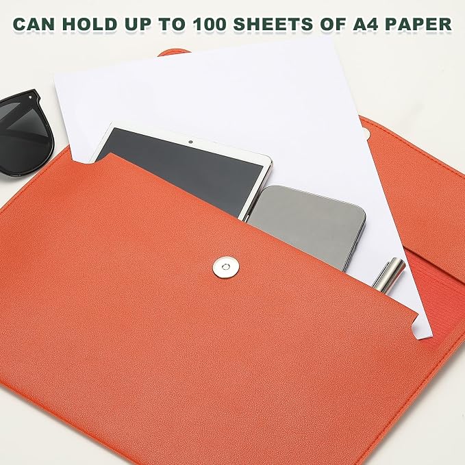 PATIKIL PU Leather A4 File Folder, Document Holder Filing Organizer Portfolio Envelope Folder Case with Snap Closure for Letter Receipt Style 2, Orange