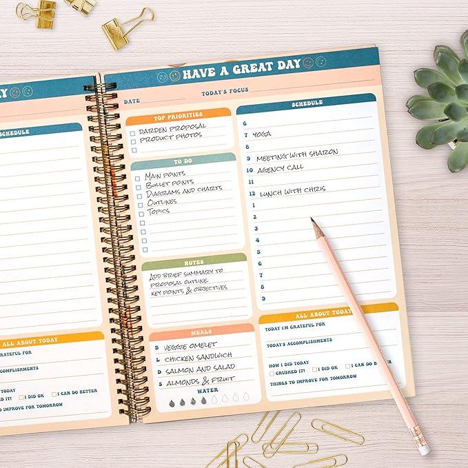 Undated Daily Planner Notebook 8.5x11, To Do List Notebook, Habit Tracker Journal, A4 Large Hardcover Spiral Schedule Notebook Planner, Retro Aesthetic Daily Planner Undated for Students Girls Teens