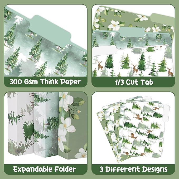 Xqumoi 12Pcs Watercolor Forest File Folders - Christmas Letter Size Decorative File Pockets with 1/3 Cut Tab Pretty Tree Flower Folders for Office Home Classroom Supplies Documents, 8.9 x 11.6 Inch