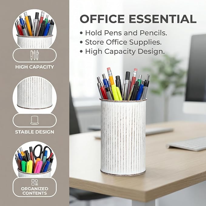 Metal Pen Holder with Vertical Groove Design, Multipurpose Desk Organizer Cup for Pens, Makeup Brushes, Utensils, Straws & Small Vase, Solid White