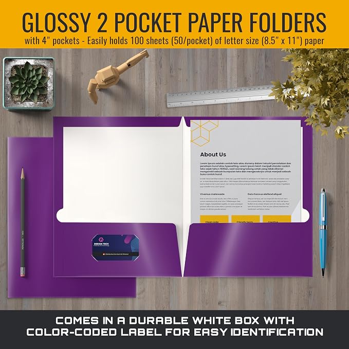 Better Office Products 2 Pocket Glossy Laminated Purple Paper Folders, Letter Size, Purple Paper Portfolios, Box of 25