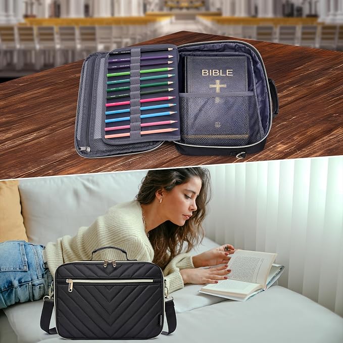 Bible Cover Case for Women, Large Bible Bag with Shoulder Strap,Quilted Bible Carrying Case with Handle, Bible Study Supplies & Christian Gift for Women, Black