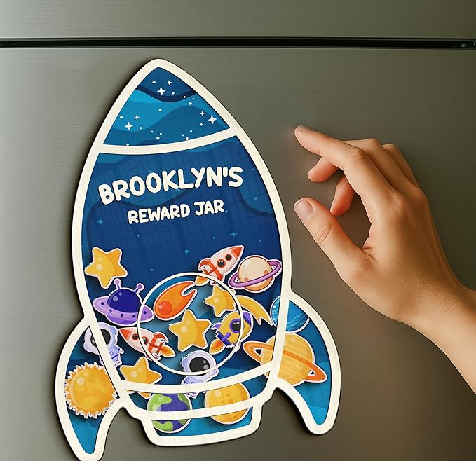 Personalized Rocket Ship Magnetic Reward Jar Colorful for Kids Potty Training Magnetic Token Good Behavior System Toddler Reward Routine Tool Back to School Gift for Boys Girls Classroom & Home Decor