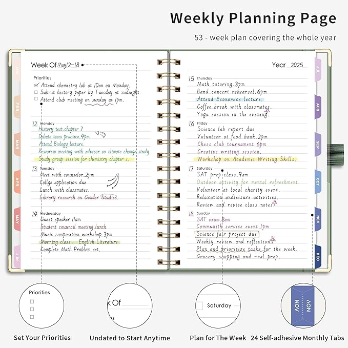 RETTACY Undated Planner, Weekly and Monthly, 53 Weeks and 12 Months, Medium Size (5.7" x 8.3"), 24 Self-adhesive Monthly Tabs, Hardcover, 100 GSM Thick Paper, Spiral-bound (Light Green)