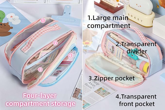 Cute Kawaii Pencil Case Pouch Sweet Check Window Pen Box Holder Organizer for Office Workspace Supplies Desk Accessories Travel Essentials Aesthetic Trendy Cool Stuff Gift Handy Handle (Pink)