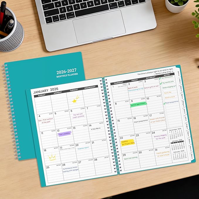 2026-2027 Monthly Planner, 18 Monthly Calendar Planner, January 2026 - June 2027, 8’’ x 10’’, 2026 Spiral Agenda with Tabs ＆Pocket, Flexible Cover, Organizer Notebook for Office Home School, Green