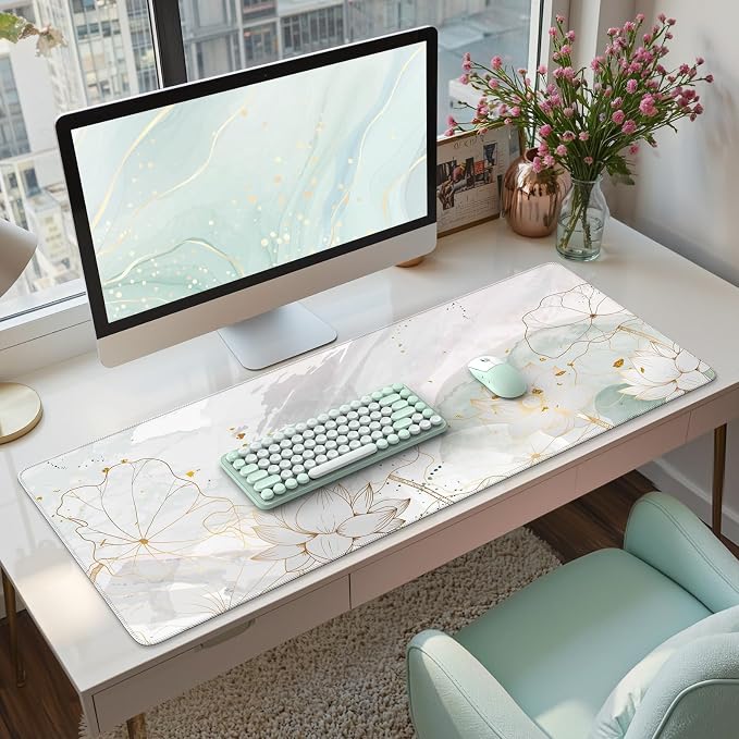 iCasso Desk Cover Mat, Extra Large Lotus Mouse Pad, Desk Pad Mat,Office Matt for Desktop Protector, Anti-Slip XXL Big Mousepad with Stitched Edges for Laptop Computer Keyboard(Green Lotus Leaf)
