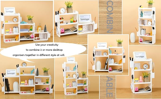 Lae Nuvole Desktop Organizer Shelf Stationery Organizer with Pen Holder Office Desk Pegboard Shelf Plastic Combinable Organization and Storage for Desk, Office, Countertop, Dorm (White, 3 Tier)