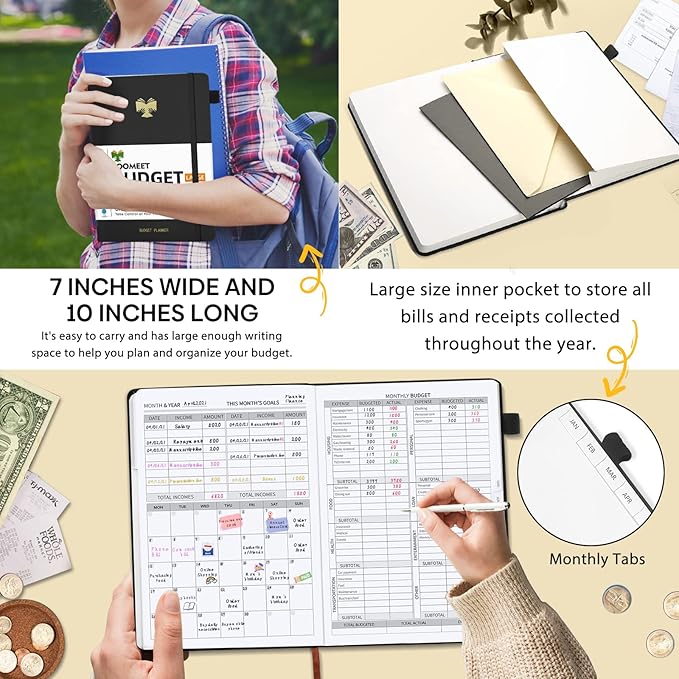 Budget Planner with Monthly Tabs - 7" x 10" Hardcover Budget Book, Monthly Bill Organizer with Pockets, Undated Finance Planner with Expense Tracker Notebook to Take Control Your Money- Black