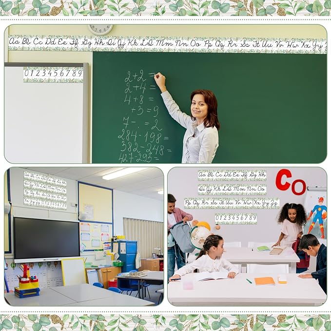 Set of 9 Cursive Writing Bulletin Board Cursive Alphabet Wall Strip for Teacher Supplies, Classroom Teaching Tool, Homeschooling, Kids Education (Eucalyptus)