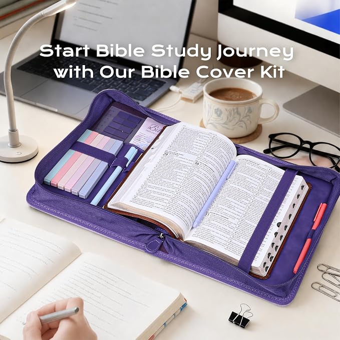 XKDOUS Bible Cover Case for Women, Leather Bible Bags with Handle, Study Supplies Journaling Kit, Gold Foiled Cross Carrying Case Large Church Book Holder Christian Gifts for Lady