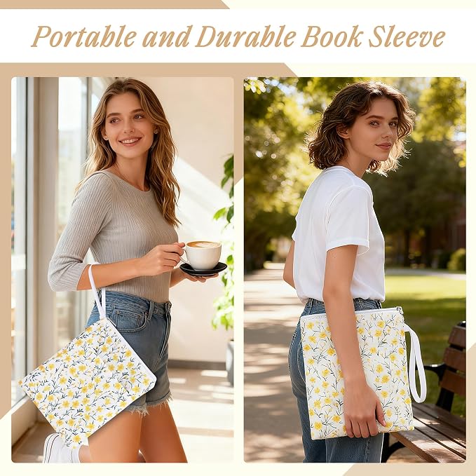 Book Sleeve with Zipper, 11''x 9'' Waterproof Paperback Sleeve for Book Lovers Books Pouch Cover with Handle for Hardcovers Kindle Sleeve for Reader Teacher Women (Yellow flower, 11x 9 inch)