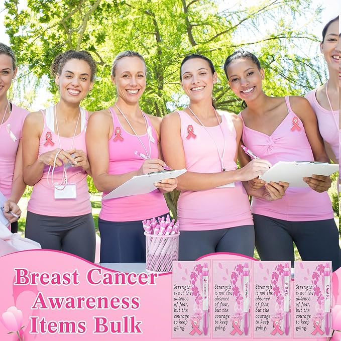 Sherr 240 Pieces Breast Cancer Awareness Accessories Pink Ribbon Retractable Pens Pink Pins with Encourage Cards Breast Cancer Awareness Supplies Inspirational Supplies for Charity