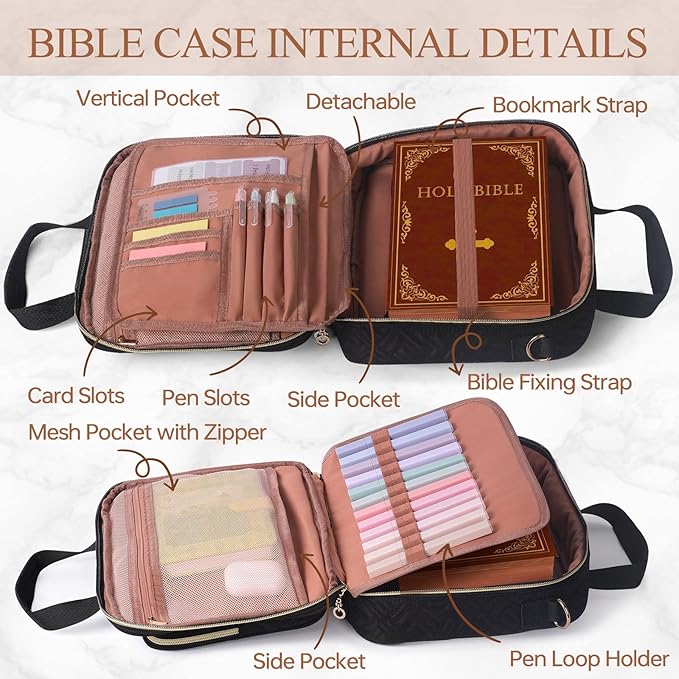 Bible Cover Case for Women Elegant Carrying Bag with Handles & Shoulder Strap Large Bible Storage Bag–Includes Bible Study Supplies Highlighters(Black, L)