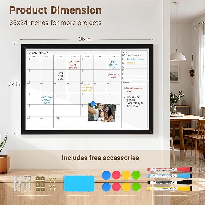 Dry Erase Calendar Whiteboard for Wall, 36x24 Inches Monthly White Board with White Wooden Frame, Hanging Magnetic Wall Calendar Board for Home Office School Kitchen Dorm
