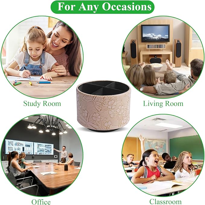 Round Leather Art Supply Organizer,Remote Control Holder,360-degree Rotating Pen Organizer with 4 Compartments(1-Butterfly Brown)