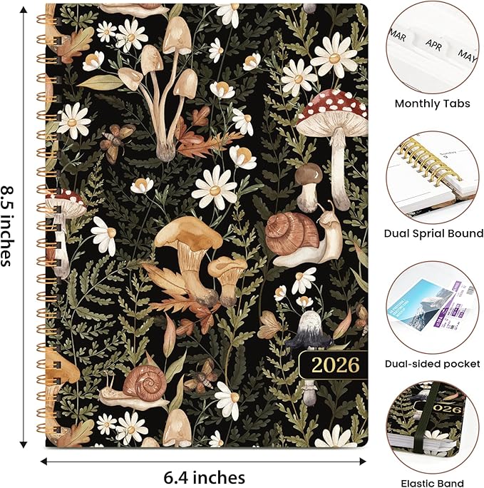 2026 Planner, Weekly and Monthly Calendar Planner Book, January 2026 - December 2026, Hardcover Spiral Planner with Monthly Tabs, Notes Pages, Perfect for Women & Men, A5 (6.4" x 8.5") - Mushroom