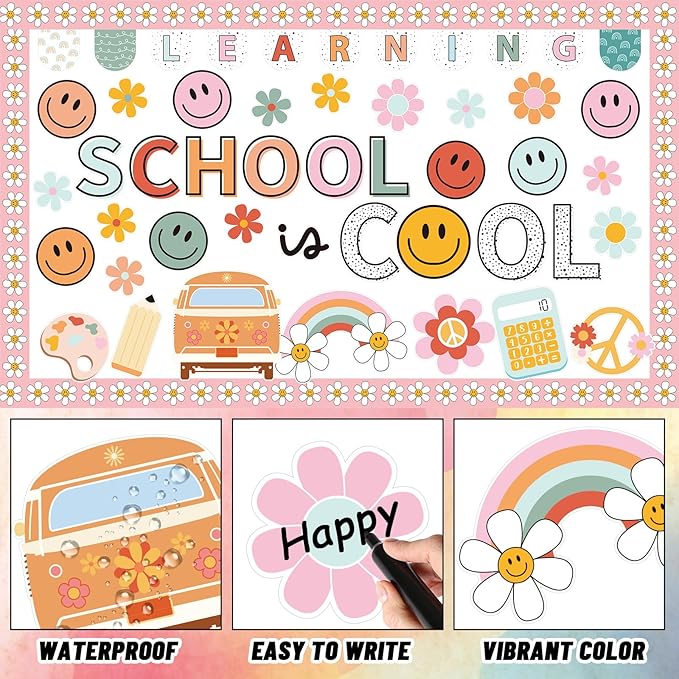 JarThenaAMCS 73 Pcs Retro Groovy Bulletin Board Decoration Set Boho Smile Flower Theme School is Cool Paper Cutouts with 200 Pcs Glue Points for Back to School Home Party Classroom Wall Door Decor