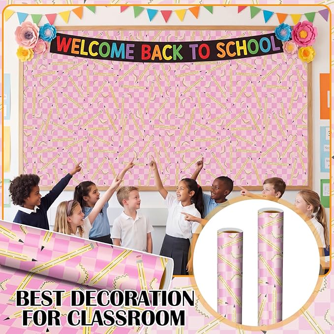 Ctosree 2 Roll Pink Checker Pencils Bulletin Board Paper 4x12ft/1.2x3.6m Non Woven Bulletin Background Wallpaper Fade Resistant Board Roll Decoration for Arts Crafts Office School Classroom(Pink)