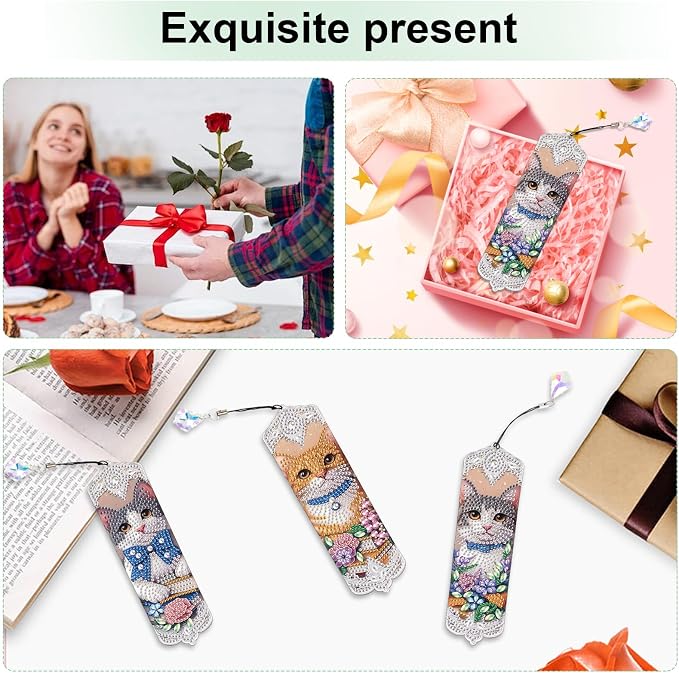 Tontut 3pcs Diamond Art Painting Kit Bookmarks, Cat on Books Fine General Purpose DIY Bookmarks, Lightweight and Durable, Suitable for Reading Lovers