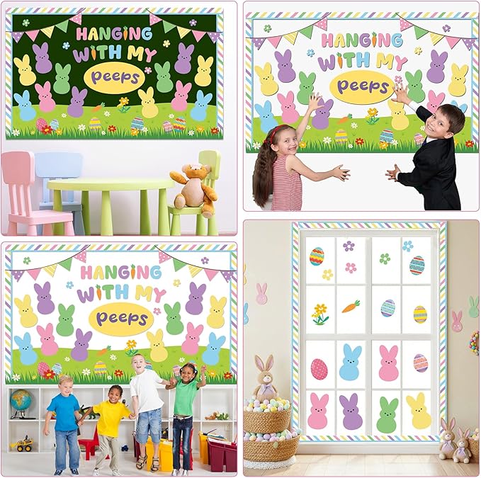 Easter Bulletin Board Set Easter Bunny Classroom Decorations Spring Peeps Bulletin Board Border Colorful Rabbit Eggs Paper Cutouts Home for Happy Easter Party School Classroom Chalkboard Supplies