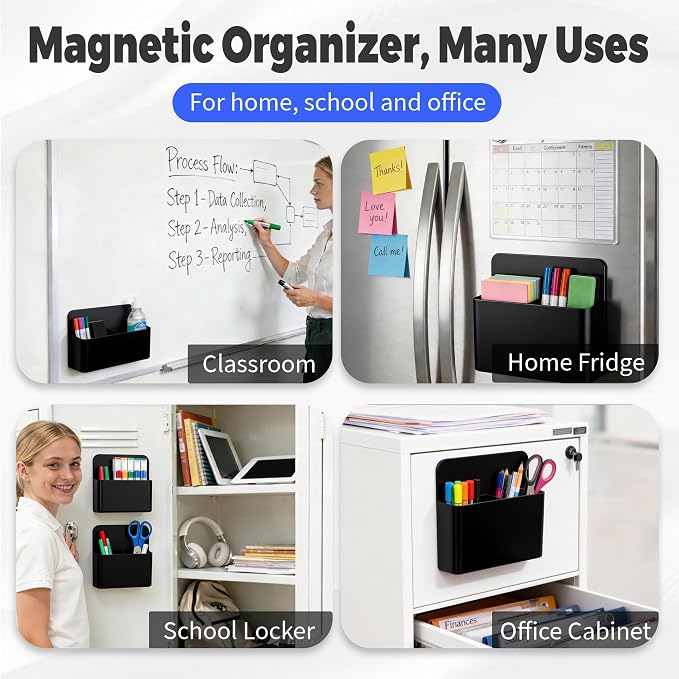 2 Pack Magnetic Pen Holder for Refrigerator & Whiteboard, Full-Back Magnet Dry Erase Marker Holder with Adjustable Divider, Magnetic Marker Holder for White Board Office Desk Locker Accessories, Black