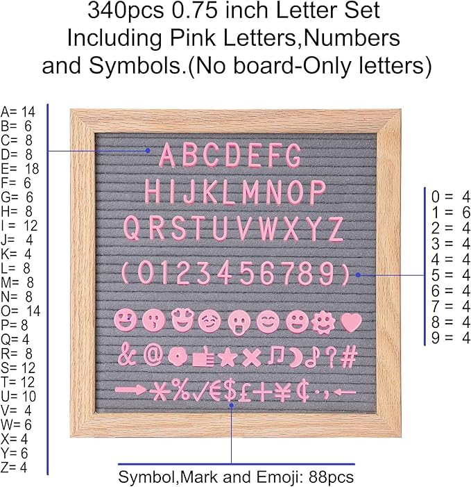 Felt Letter Board Letters Sets - Pre-cut 340pcs 3/4 Inch(0.75") Pink Letters with Canvas Bag(No Board Included)