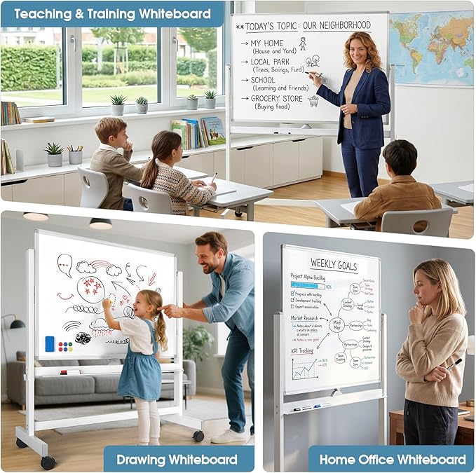 MaxGear Rolling Whiteboard, 48x32 Mobile White Board on Wheels, Double-Sided Magnetic Dry Erase Board with Stand, Adjustable Height Large Whiteboard for Home, School & Office, White