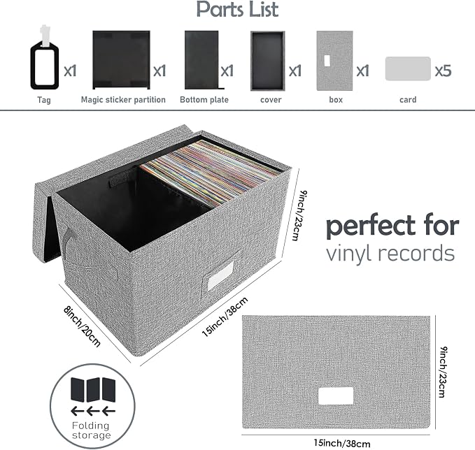 Woodoulogy Vinyl Record Storage Box Set of 2 - for 7"/45 RPM LPs, Grey Case with Lid Holds up to 160 Albums, CD Crate Play Music Holder, File Folder Cabinet Organizer Case with Handle