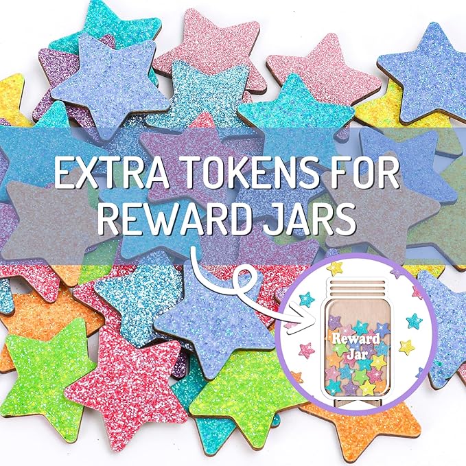 FYSUIMU 45 Pcs Glitter Star Extra Tokens for Reward Jar Macaron Colored Star Shape Wooden Cutouts Tokens with Linen Pocket for Back to School Classroom Student Teacher