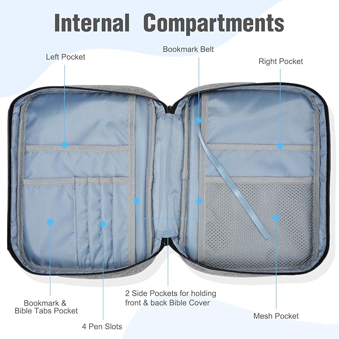 Bible Cover, Carrying Bible Case Book Cover Church Bag with Handle Large Size 10 * 7.5 * 2.5in, Bible Protective Case w/ 200 PCs Bible Tabs for Men Women, Gray
