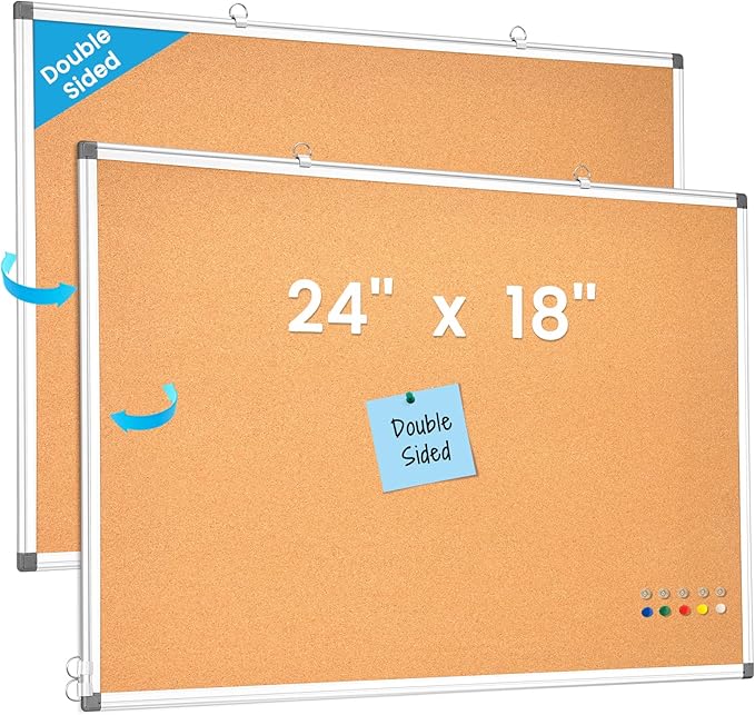 Double-Sided Cork Bulletin Board for Wall, WALGLASS 24" x 18" Hanging Wall Mounted Notice Board, Pin Display Vision Cork Board, Aluminium Framed Message Corkboard for Office, Home, School