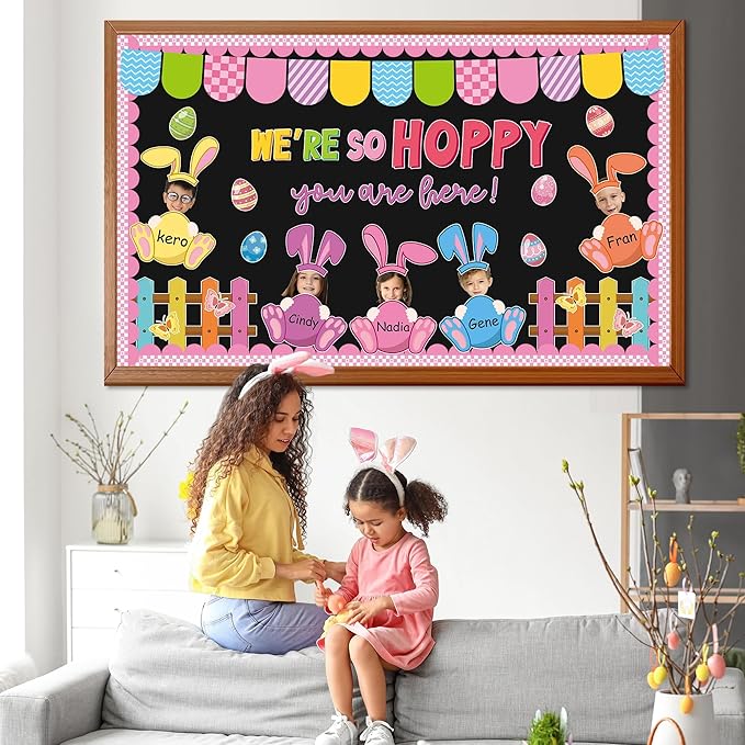 Easter Bulletin Board Set Egg Bunny Cutout DIY Picture Frame Crafts We are So Hoppy You are Here Bulletin Board Set Spring Easter Holiday Teacher School Door Wall Chalkboard Supplies