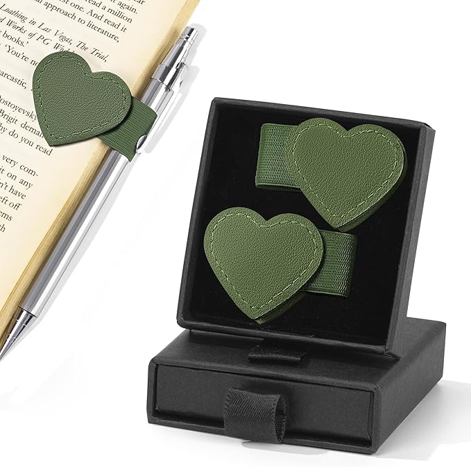 2Pcs Magnetic Leather Heart Bookmarks with Pen Holder, Cute Book Markers Clip with Gift Box, Reading Accessories for Book Lovers Women Teachers Students, Dark Green