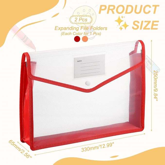 PATIKIL Plastic Expanding File Folders, 2 Pack A4 File Folder Envelopes Letter Size Document Organizer Supplies with Snap Closure for Classroom Office, Red/Orange, Horizontal