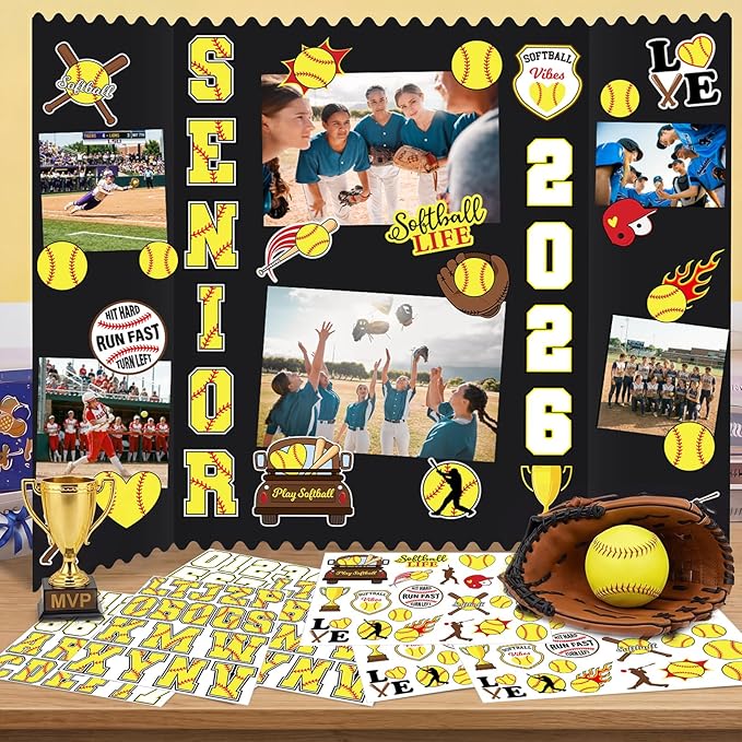 Tinlade 3 Set Softball Senior Night Gifts Senior 2026 Photo Display Board 24" x 16" Trifold Poster Board with Softball Themed Stickers for Graduation Picture Frame Sport Theme Party Supplies