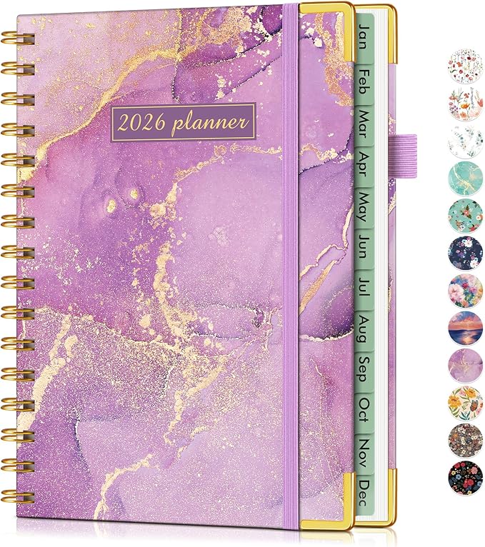 2026 Planner, Hardcover Weekly and Monthly Planner for Women, January 2026 - December 2026, Spiral Yearly Agenda Organizer Book 2026 with Tabs, Daily Calendar Planners for School Work Home, A5 (5.75" x 8.38"), Purple Marble