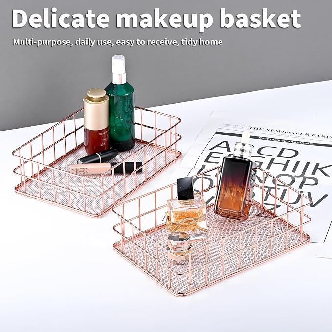 2pcs Rose Basket Bathroom Gold Organizer Storage Basket For Decor Desktop Exquisite Vanity Dresser Ornament Office Stationery Home(9.65*6.5*2.75inch) (Rose)