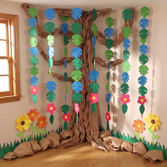 Suncalla Classroom Tree Bulletin Board Set DIY 3D Classroom Ceiling Wall Decor with Kraft Paper & Mounted Traceless Hooks for Jungle Safari Hawaiian Luau Party Supplies(Palm Leaves)