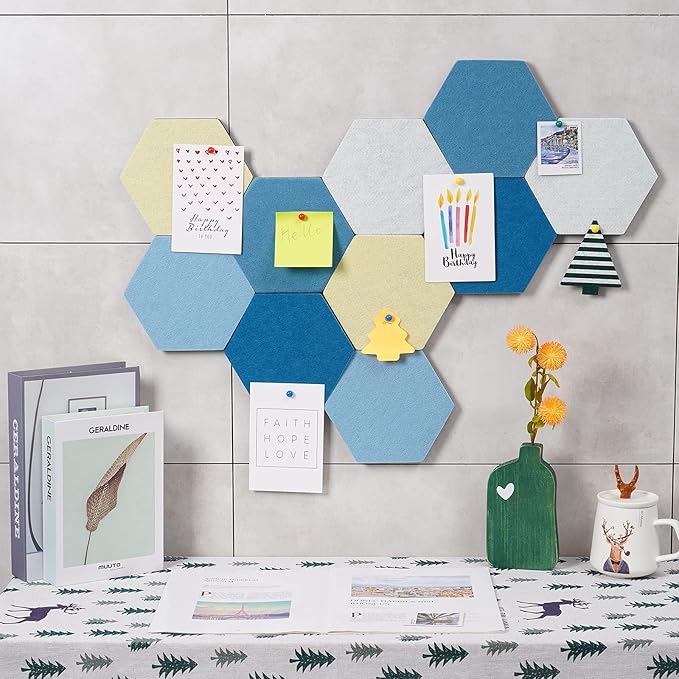 10Pcs Self Adhesive Felt Board Tiles Hexagon Bulletin Board for Walls, Felt Cork Pin Board for Pictures Photos Memos with Push Pins (Color B)
